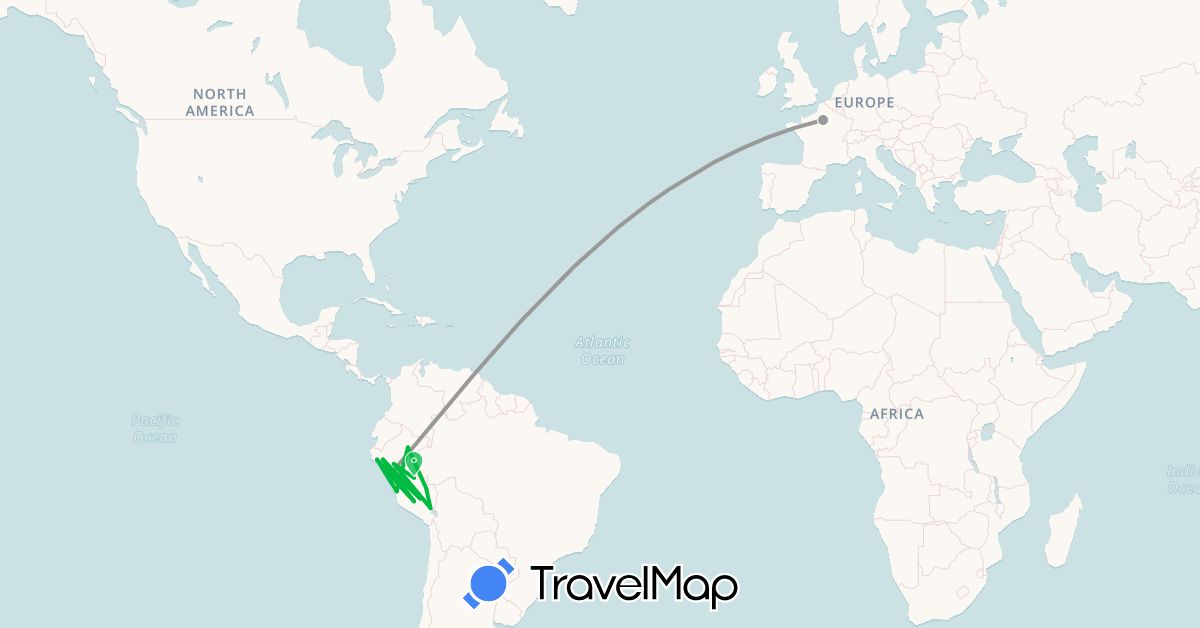 TravelMap itinerary: bus, plane in France, Peru (Europe, South America)